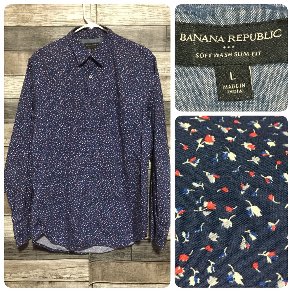 Banana Republic Soft Wash Slim Fit Floral Button Shirt Men’s L Navy Blue